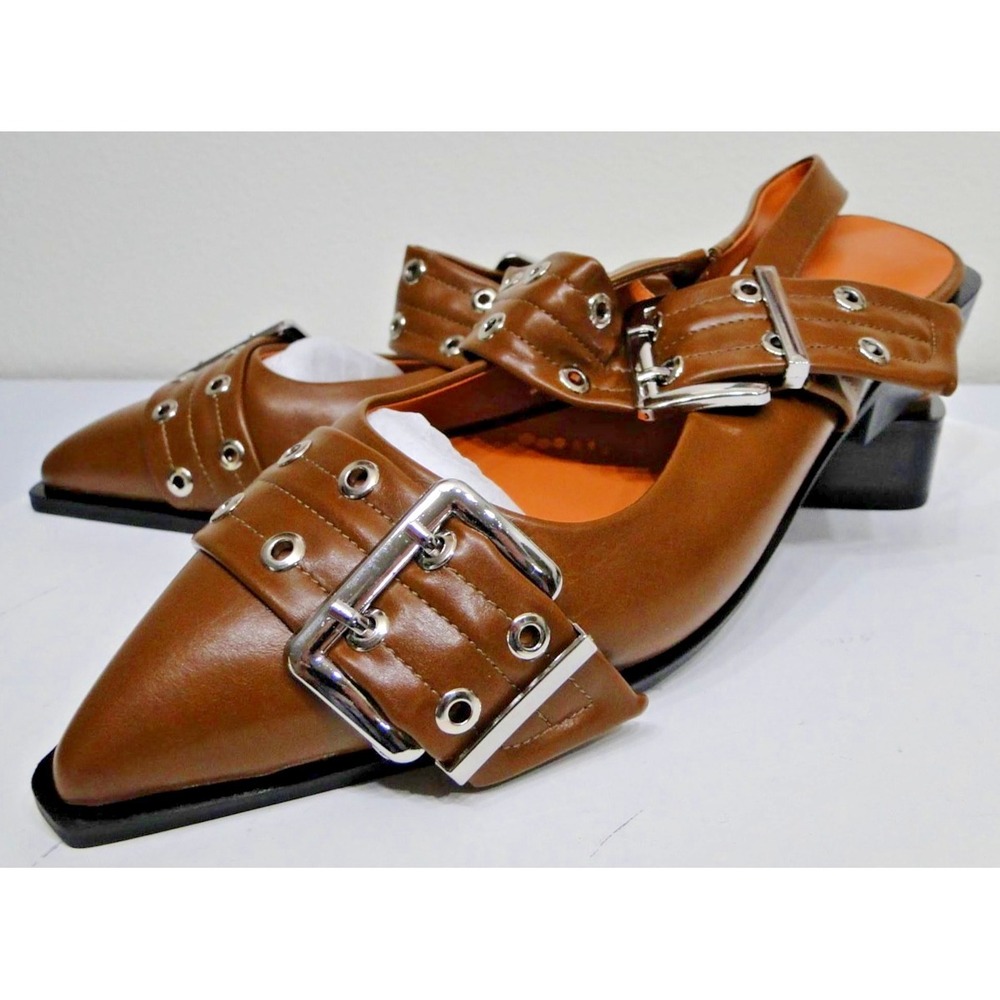 Chunky Buckle Slingback Ballerina Heel Brown Patent Leather Shoes Size 11 - Picture 8 of 13